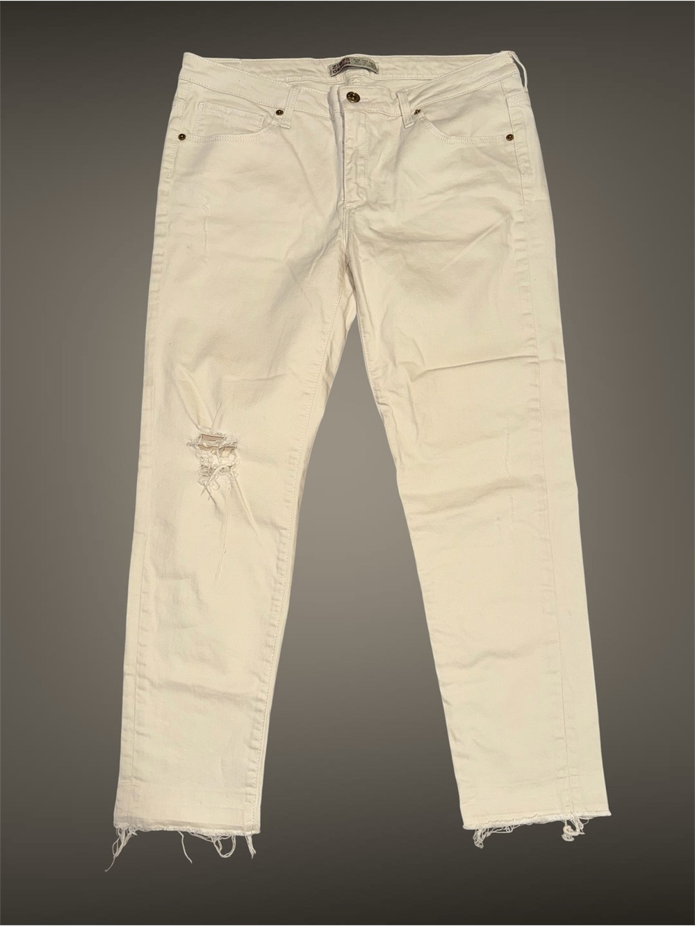 Zara Ivory White Distressed Straight Leg Jeans Raw Hem Size 10